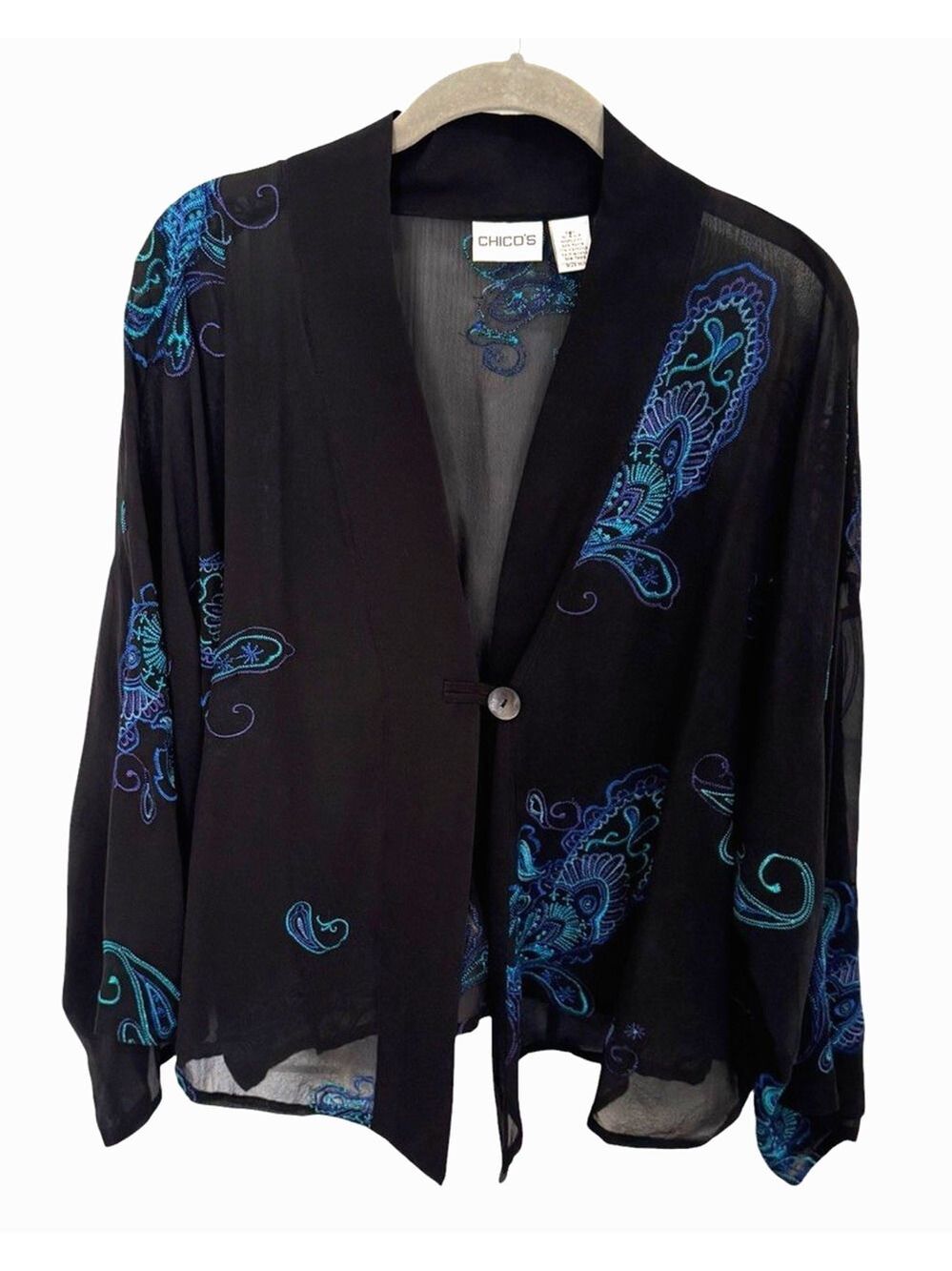 Chico’s Sz M/L 100% Silk Kimono Sleeve Blouse Black Multi Paisley Floral Print